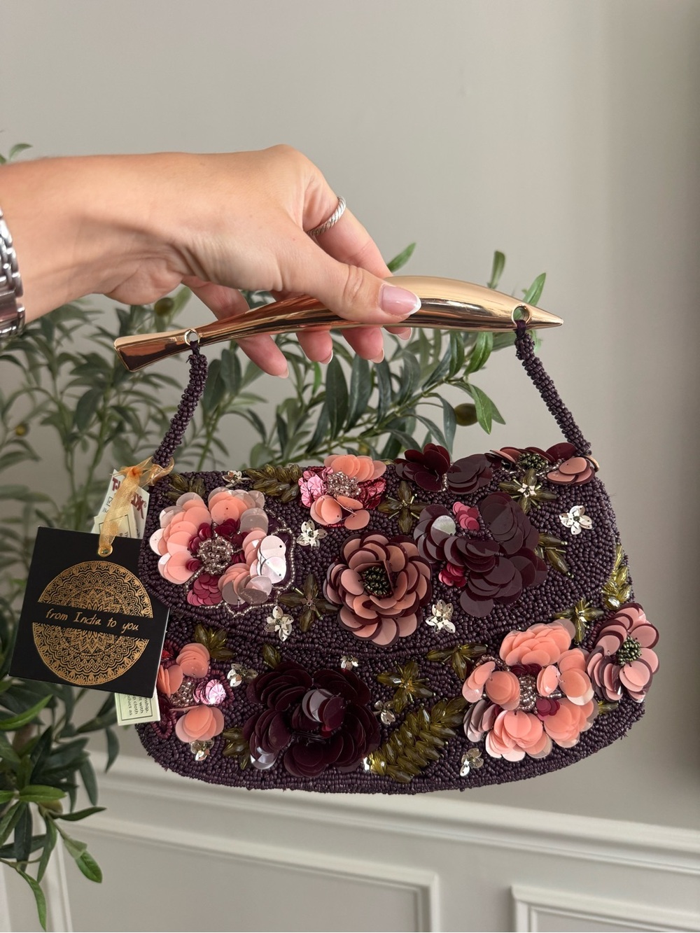 Made in India Embellished Plum Floral Beaded Shoulder Bag